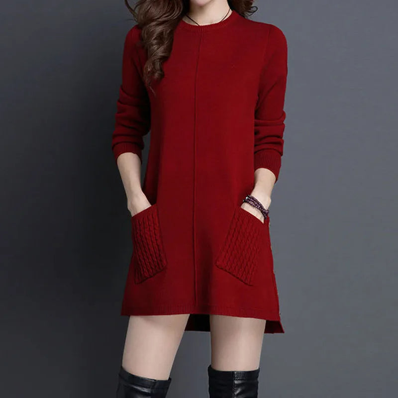 Aurora Relaxed Fit Sweater Dress | Crewneck Long Sleeve Sweater Dress