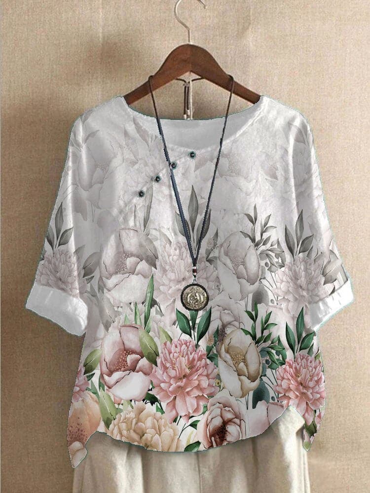 Women’s Blouse – Relaxed Fit – Floral Print – Mid Sleeve – Round Neck – Cotton Feel