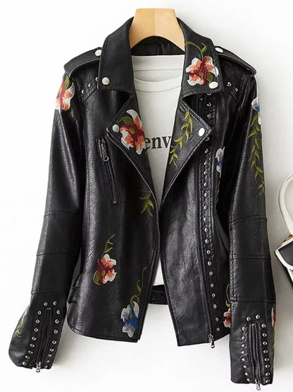 Veronica Leather Biker Jacket | Floral Embroidery Studded Jacket