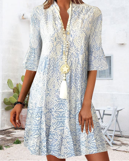 Women’s Mini Dress – Relaxed Fit – Half Sleeve – V-Neck – Breathable Blend – Boho Style