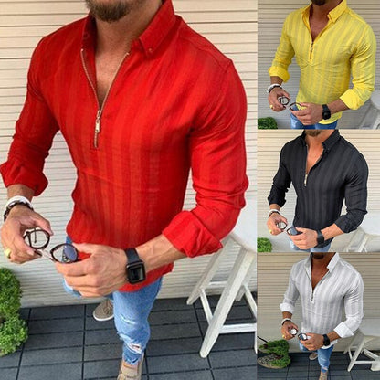 Men’s Long-Sleeve Zip-Up Shirt - Slim Fit - Striped Pattern - Collared Casual Wear