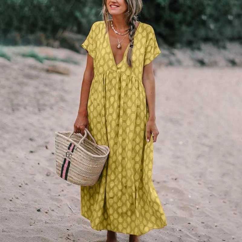 Women’s Maxi Dress – Relaxed Fit – V-Neck – Short Sleeve – Natural Fibers – Printed