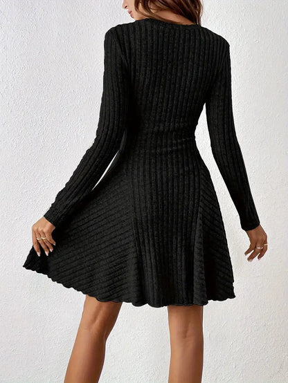 Women's Ribbed V-Neck Dress - Long Sleeve - Fitted Bodice - A-Line Knee Length