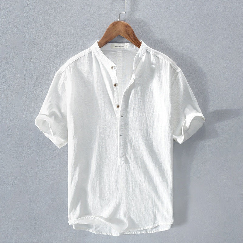 Men’s Short Sleeve Shirt – Relaxed Fit – Mandarin Collar – Natural Fibers – Casual Wear