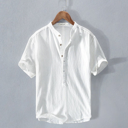 Men’s Short Sleeve Shirt – Relaxed Fit – Mandarin Collar – Natural Fibers – Casual Wear