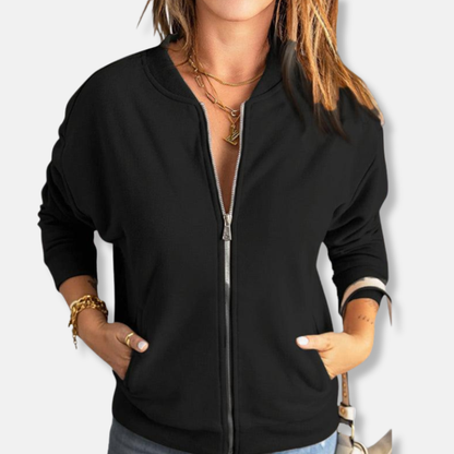 Women's Bomber Jacket - Soft Knit - Relaxed Fit - Zip Closure - Ribbed Cuffs