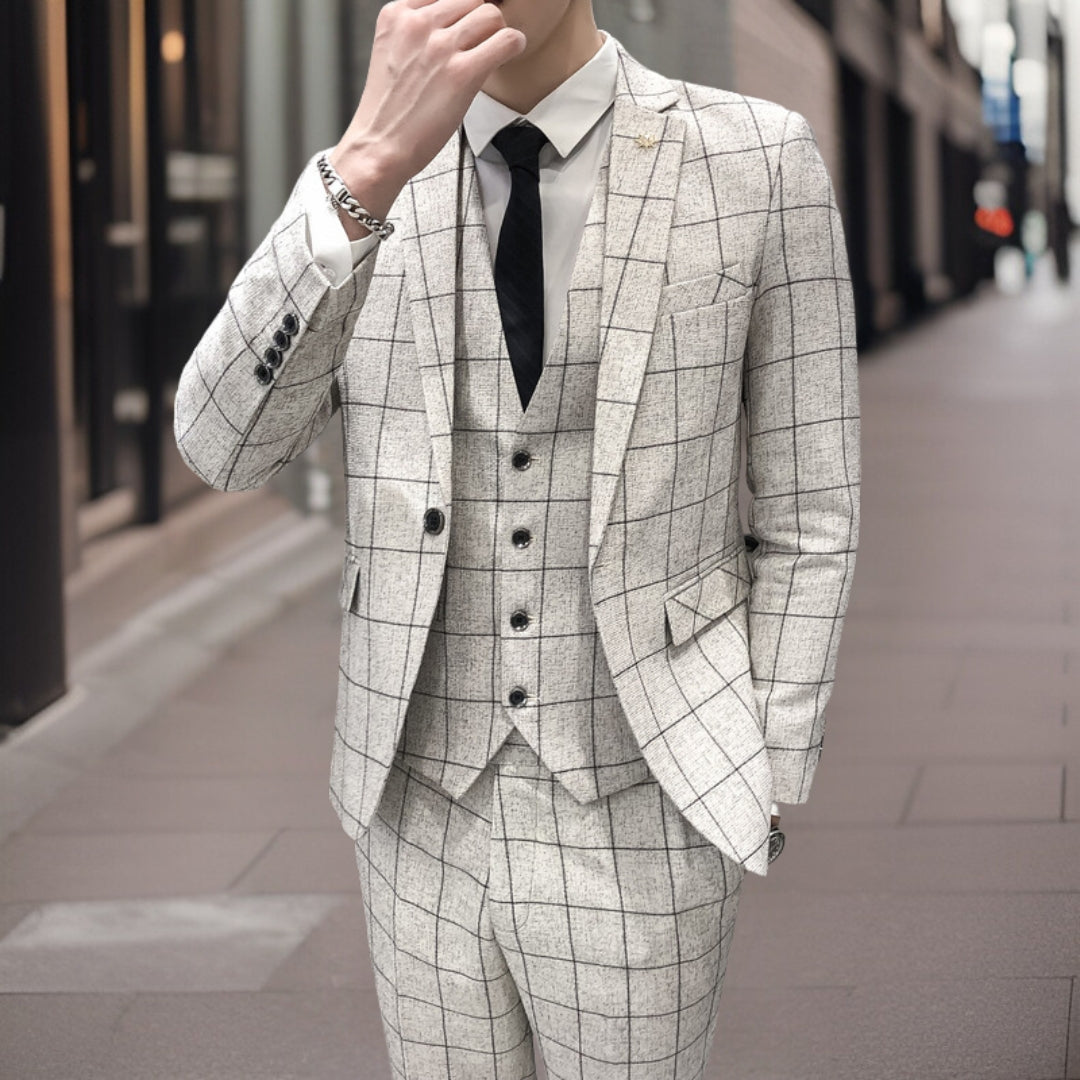 Men’s 3-Piece Suit – Slim Fit – Grid Pattern – Wool Look – Formal Business Wear