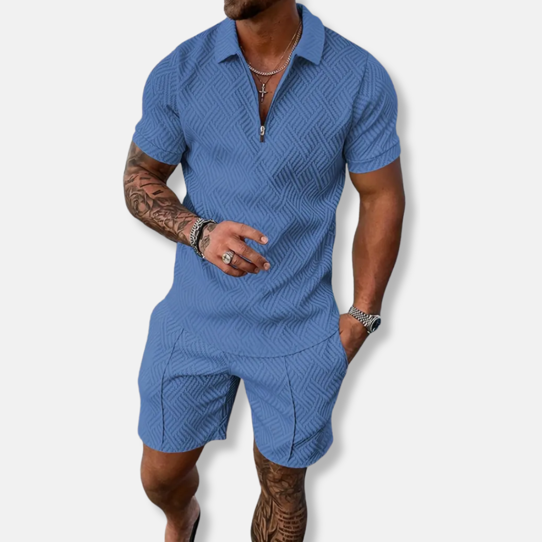 Men’s Polo Shirt and Shorts Set – Slim Fit – Breathable Blend – Zip Placket – Casual Wear