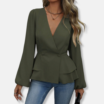 Women’s Blouse – Slim Fit – Wrap Front – Double-Breasted – Bishop Sleeve Peplum