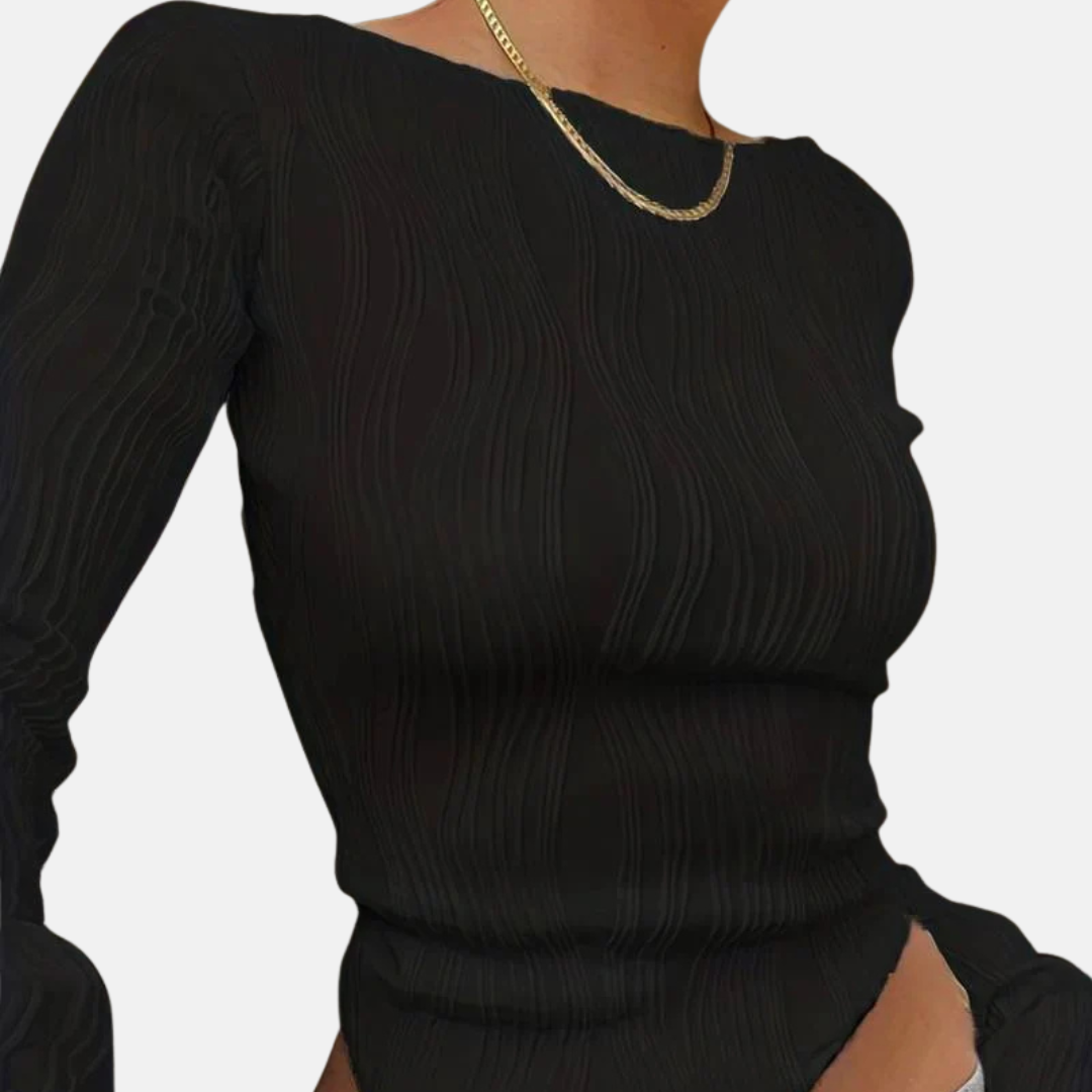 Women’s Long Sleeve Top - Sheer Stretch Knit - Cropped Length - Wide Boat Neckline