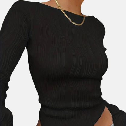 Women’s Long Sleeve Top - Sheer Stretch Knit - Cropped Length - Wide Boat Neckline