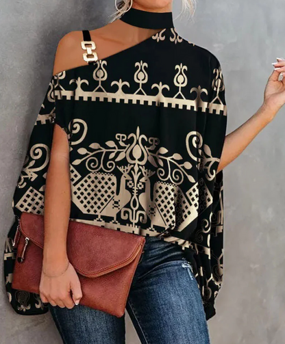 Women’s Off-Shoulder Top – Relaxed Fit – Asymmetric Neckline – Breathable Blend – Chain Detail