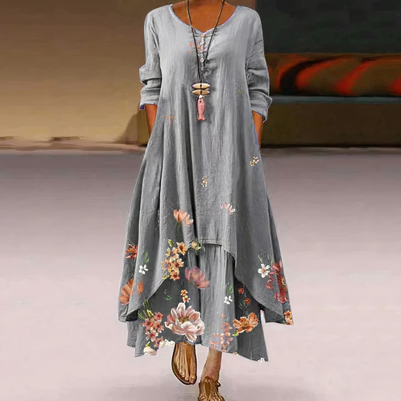 Women's Maxi Dress - Long Sleeve - Flowing Fit - Round Neck - Button Front - Floral Print