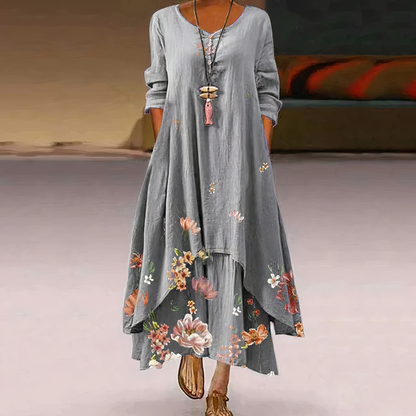 Women's Maxi Dress - Long Sleeve - Flowing Fit - Round Neck - Button Front - Floral Print