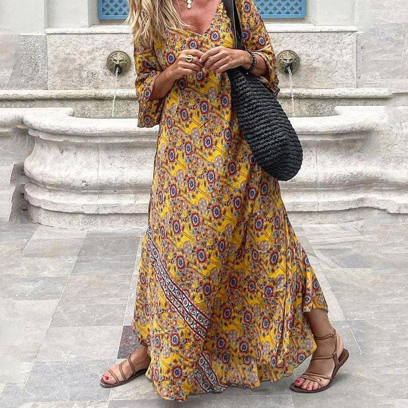 Women’s Maxi Dress – Flowing Fit – V-Neck – Long Sleeve – Side Slits – Breathable Blend