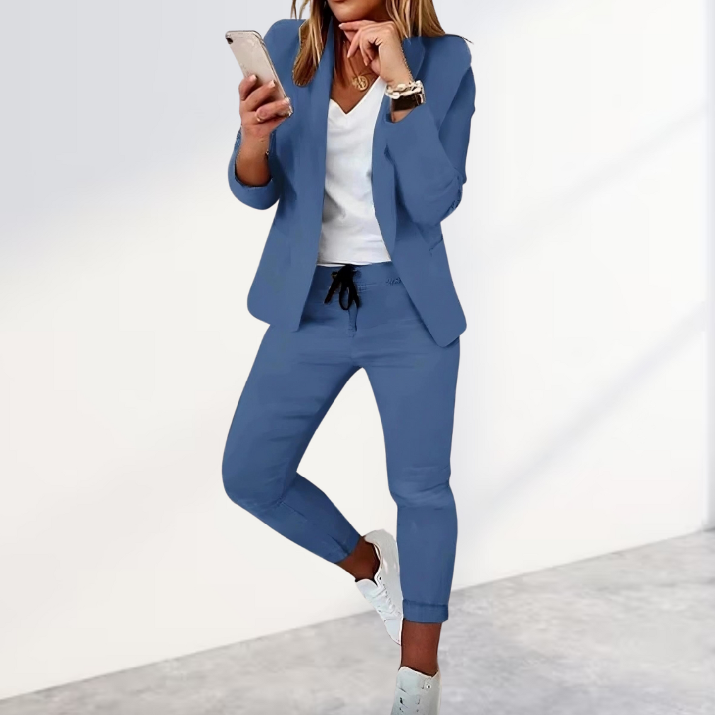 Women’s Blazer & Pants Set – Tailored Fit – Woven Fabric – Drawstring Waist – Business Casual