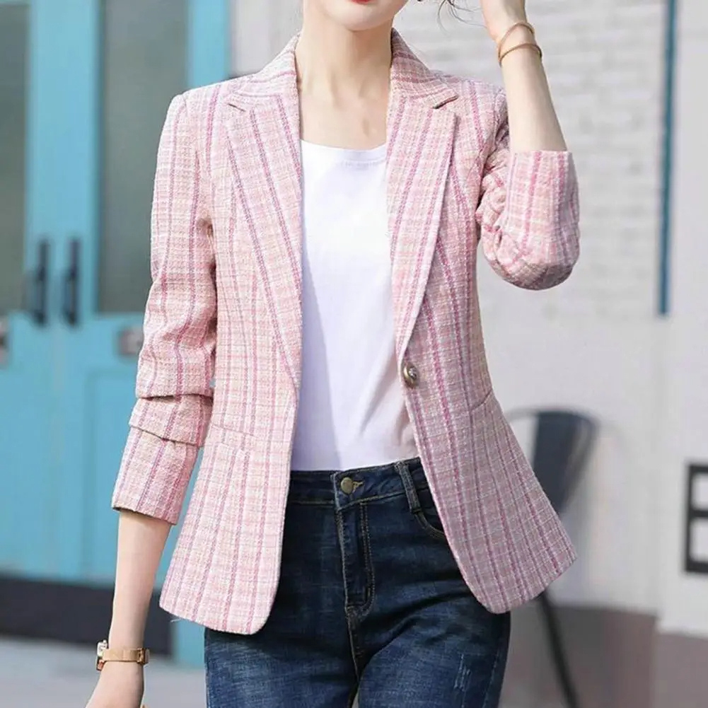 Women’s Blazer – Tailored Fit – Textured Woven – Single Button – Checkered Pattern