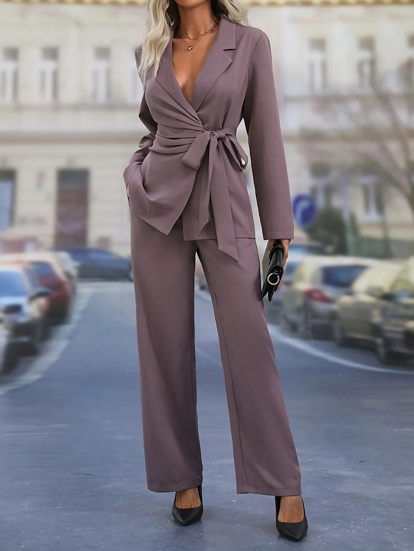 Women’s Blazer and Trousers Set - Woven Fabric - Tailored Fit - Wrap Waist