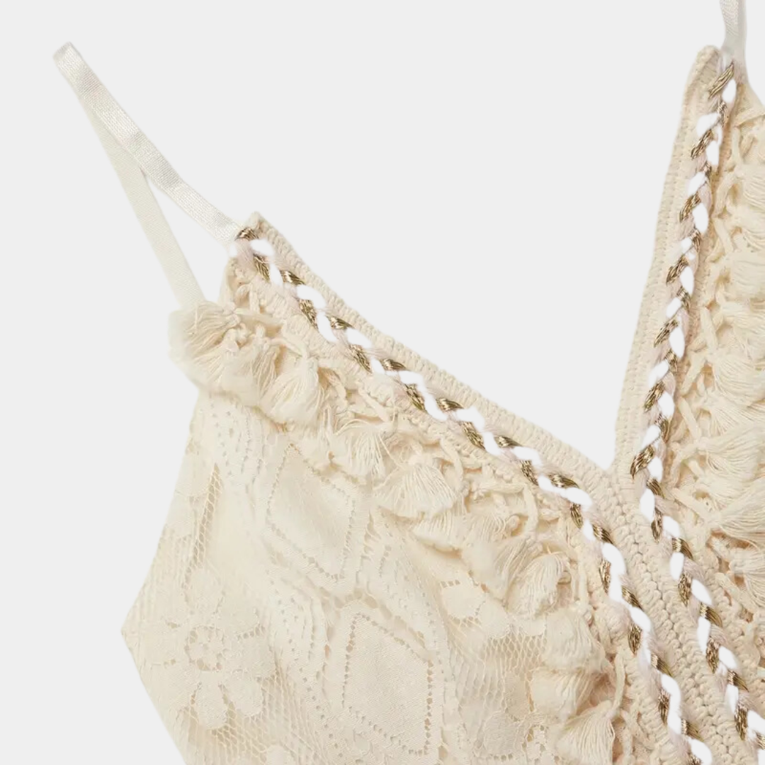 Women’s Midi Dress – Relaxed Fit – Lace Texture – Spaghetti Straps – Boho Style