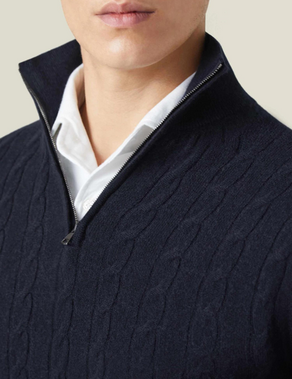 Men’s Cable Knit Sweater – Wool Blend – Half Zip – Stand Collar – Smart Casual Fit