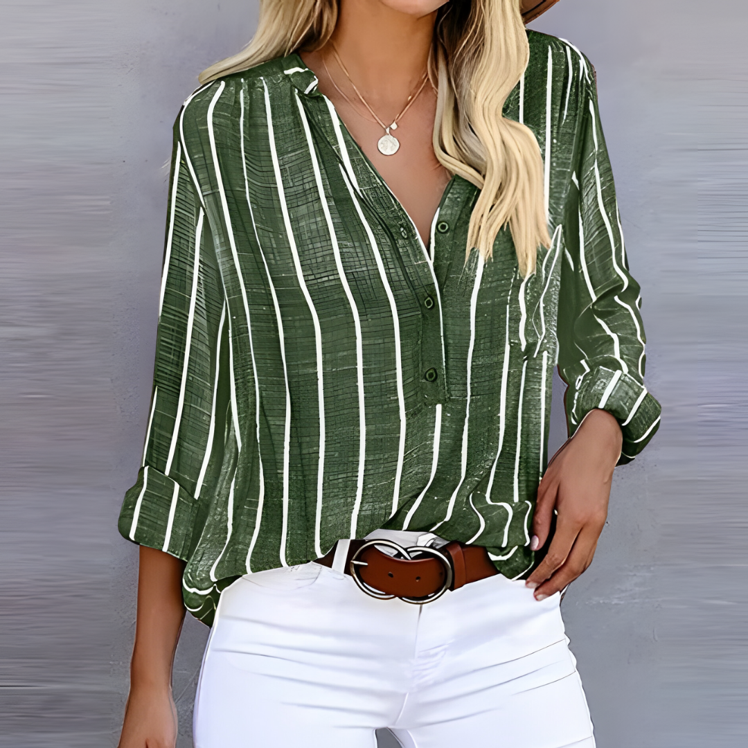 Women’s Blouse – Relaxed Fit – Vertical Stripes – Long Sleeve – Button Up – Cotton Blend