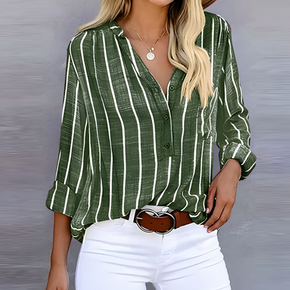 Women’s Blouse – Relaxed Fit – Vertical Stripes – Long Sleeve – Button Up – Cotton Blend