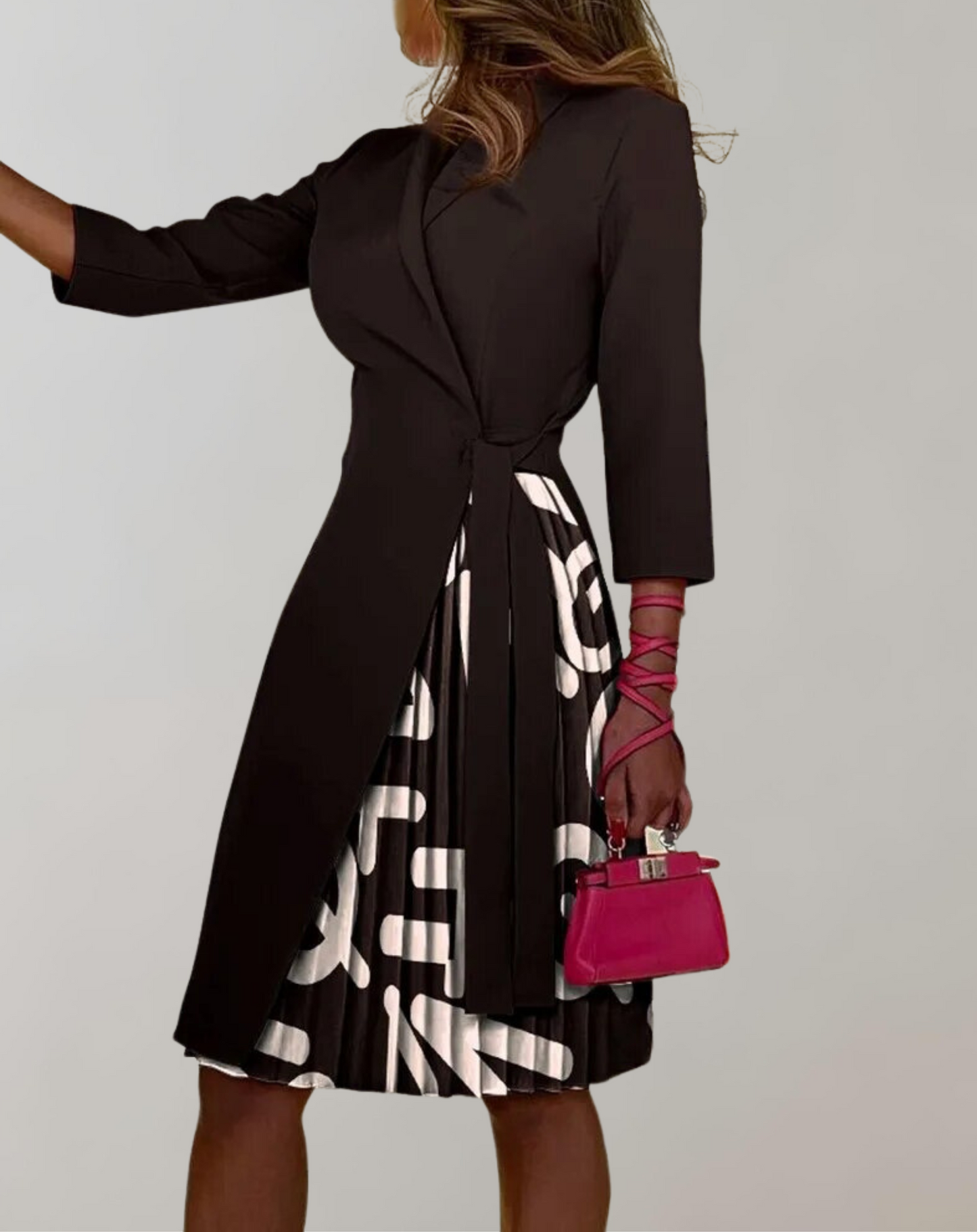 Women’s Midi Dress – Tailored Fit – Pleated Skirt – Notched Neck – Belted Waist
