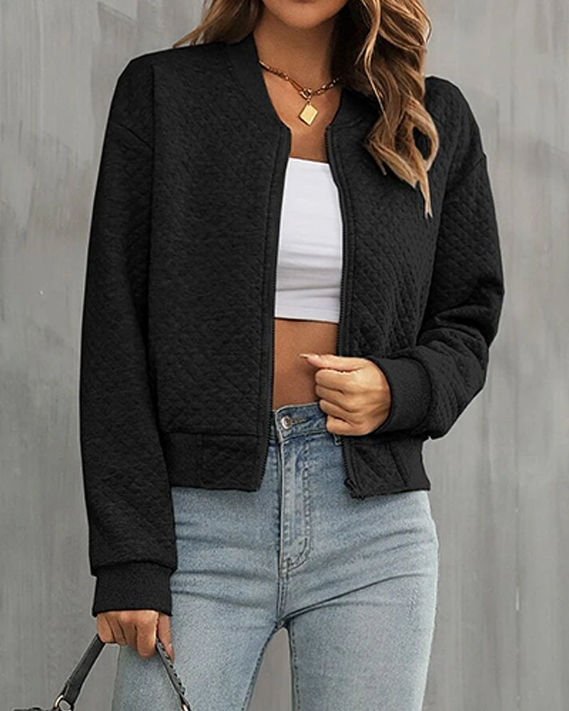 Women’s Bomber Jacket – Quilted Texture – Cropped Fit – Zip Front – Ribbed Trim
