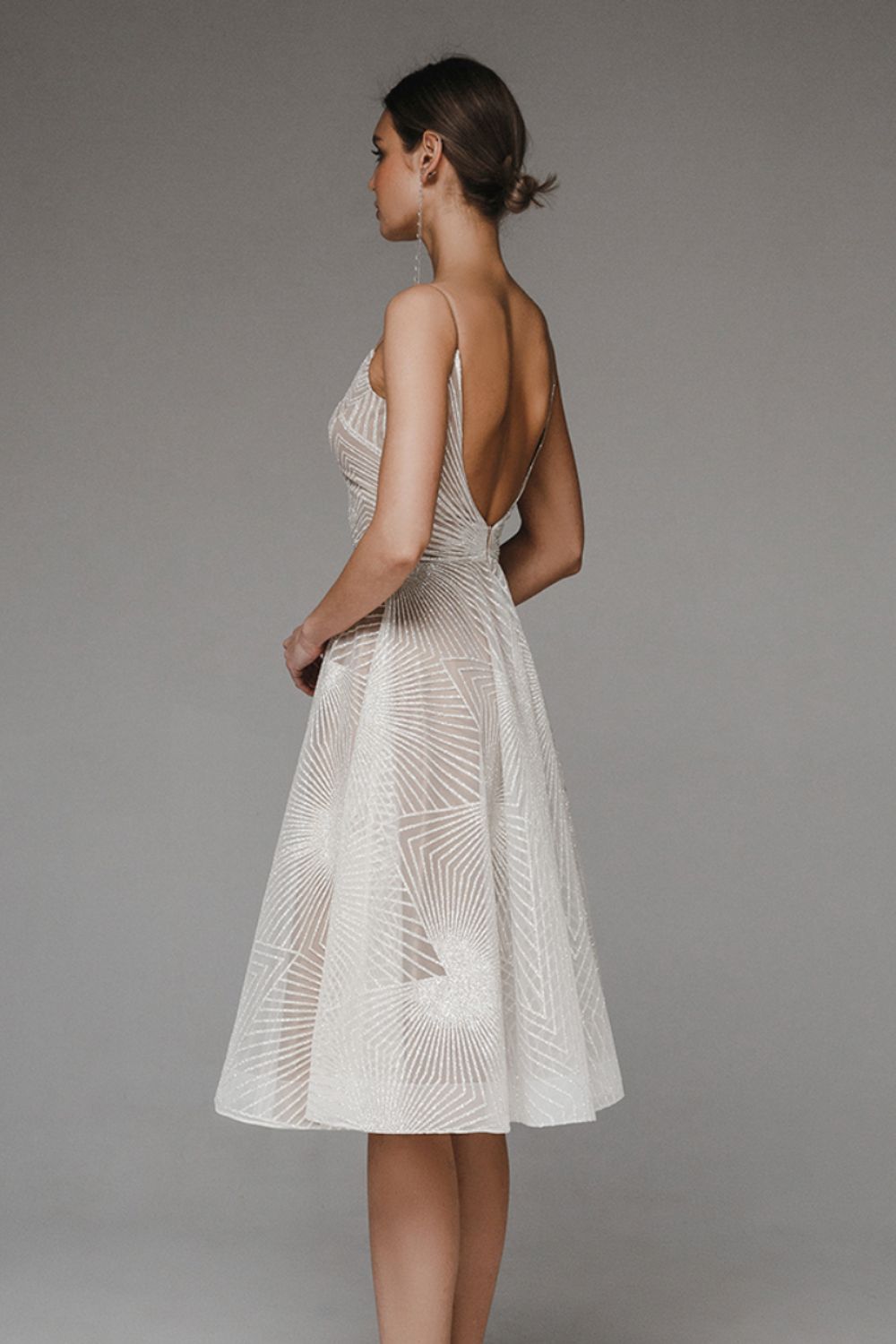 Women’s Evening Dress – Chiffon A-Line – Geometric Sheer Overlay – Spaghetti Straps