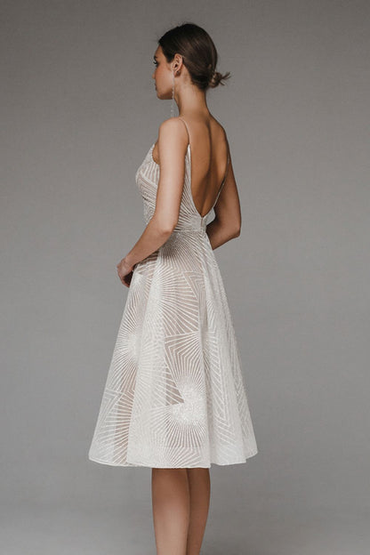 Women’s Evening Dress – Chiffon A-Line – Geometric Sheer Overlay – Spaghetti Straps