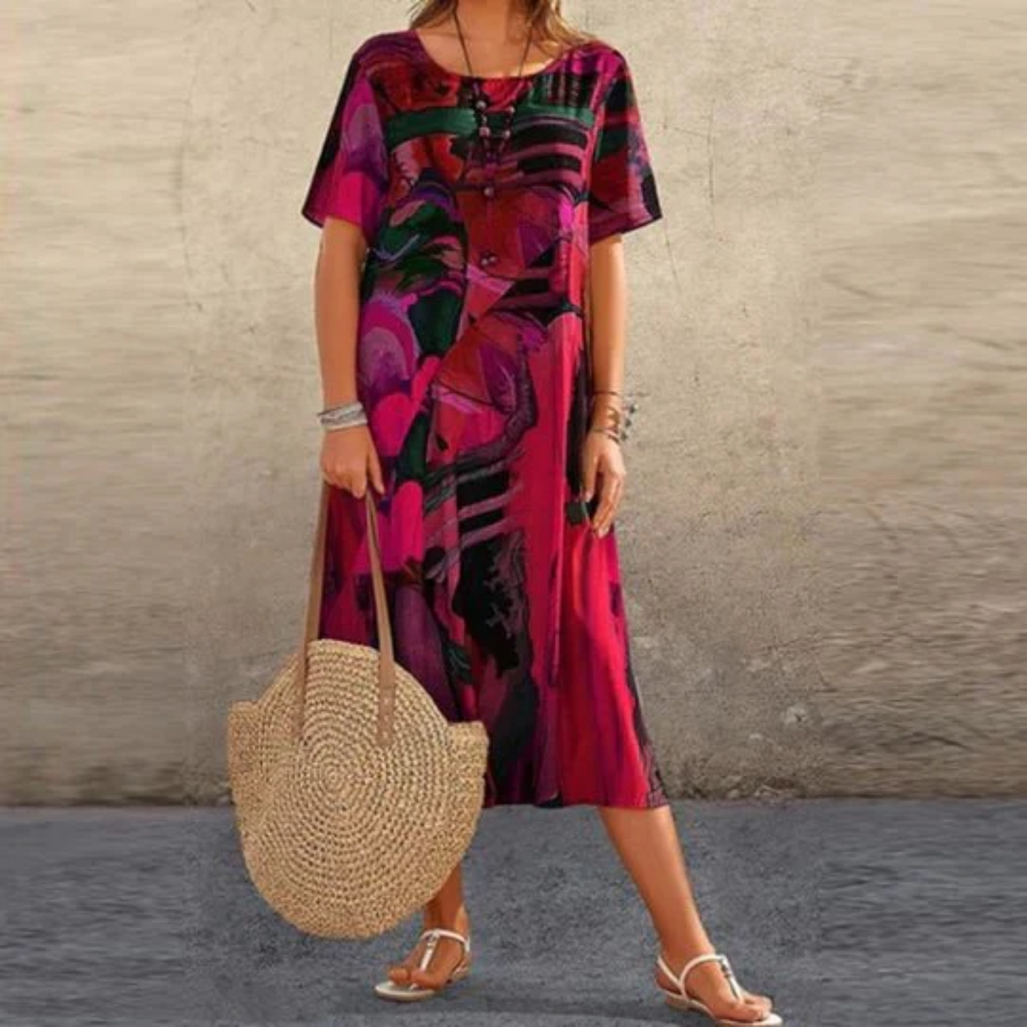 Women's Midi Dress - Flowy Fit - Short Sleeve - Round Neck - Abstract Floral Print