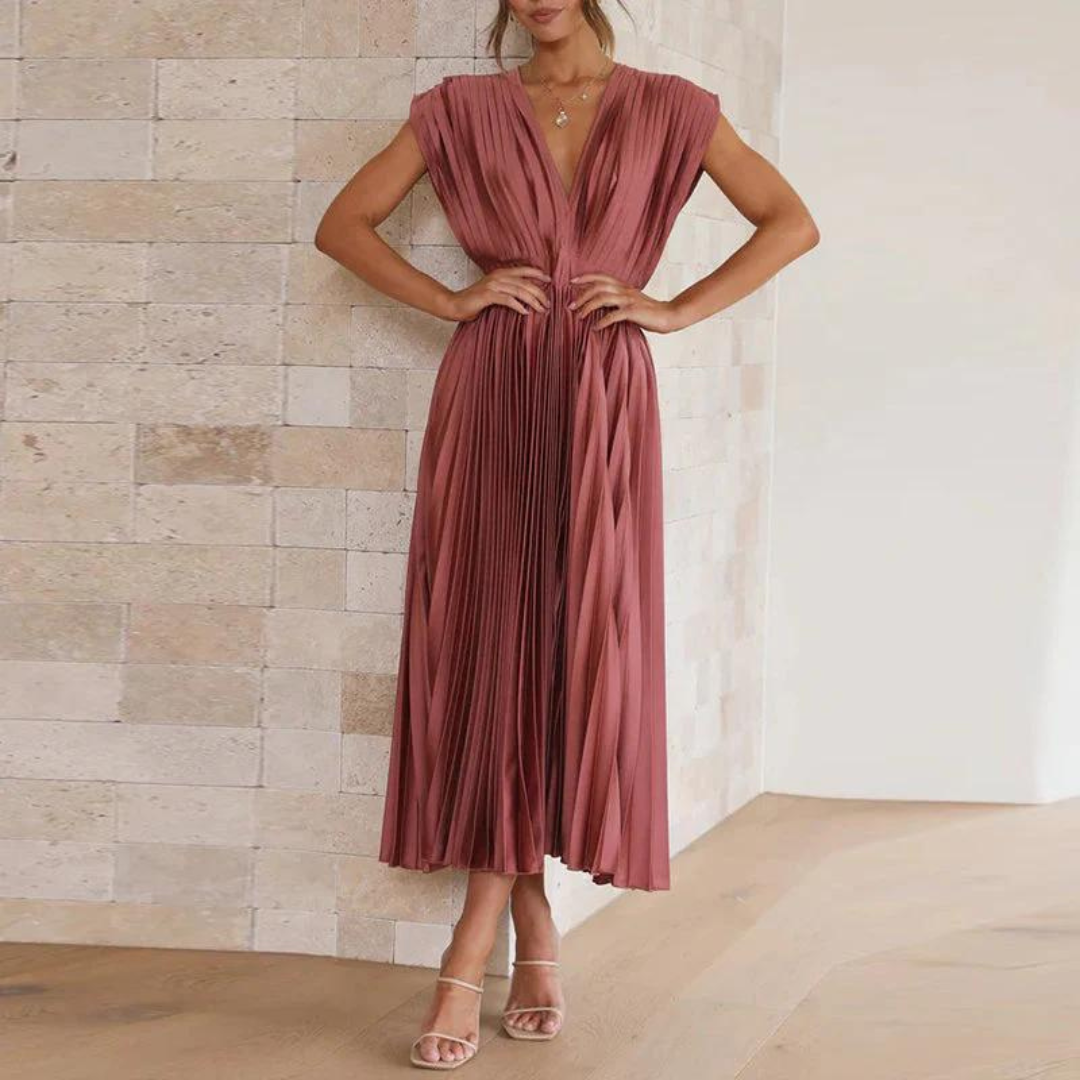 Women's Midi Dress - Silk Satin - Flowing A-Line - V-Neck - Pleated Detail