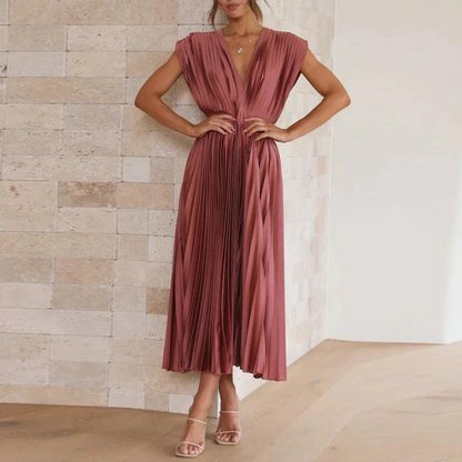 Women's Midi Dress - Silk Satin - Flowing A-Line - V-Neck - Pleated Detail