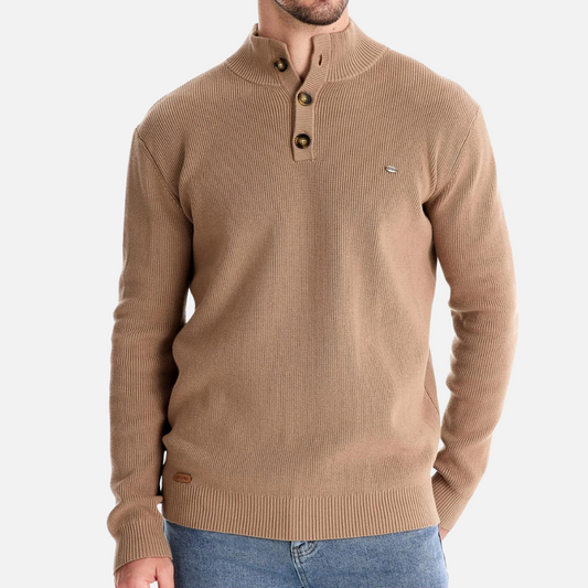 Men’s Turtleneck Sweater – Wool Blend Knit – Slim Fit – Ribbed with Button Placket