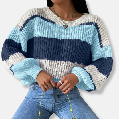 Francesca Cotton Blend Oversized Knit Sweater | Striped Crewneck Sweater