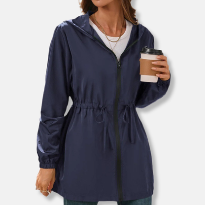 Women's Raincoat Jacket – Waterproof Hooded – Adjustable Waist – Mid-Thigh Length