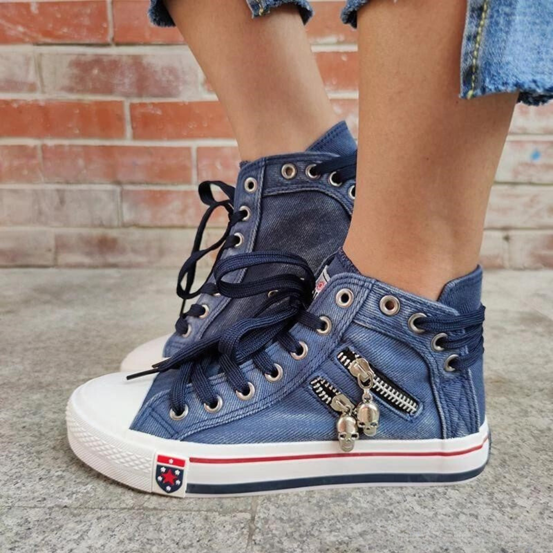 Women’s High-Top Sneakers – Denim Texture – Lace-Up – Side Zip – Casual Everyday Wear