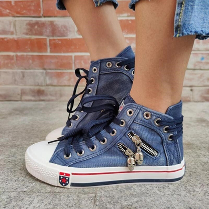 Women’s High-Top Sneakers – Denim Texture – Lace-Up – Side Zip – Casual Everyday Wear