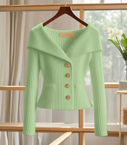 Women’s Short Cardigan – Fitted Knit – Ribbed Texture – Wide Collar – Gold Buttons