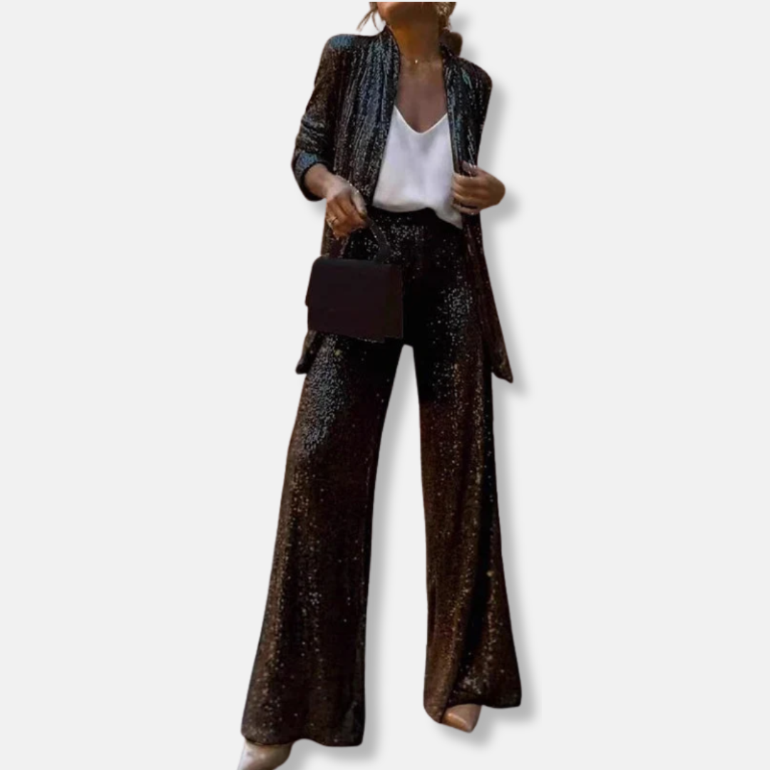 Women’s Two-Piece Set – Sequin Tailored Jacket – High-Waisted Wide-Leg Pants