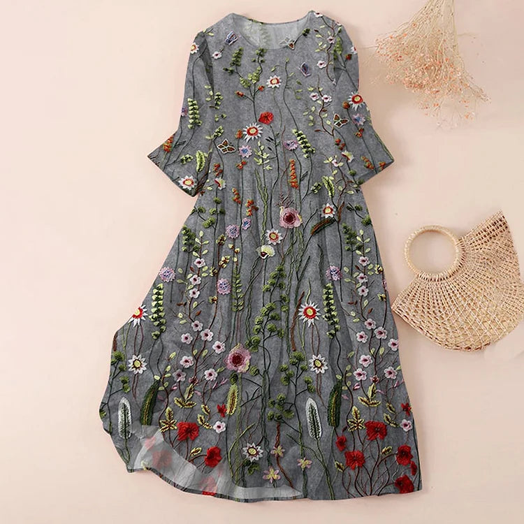Women’s Knee-Length Dress – Relaxed Fit – Embroidered Floral – Cotton Blend – Vintage Style
