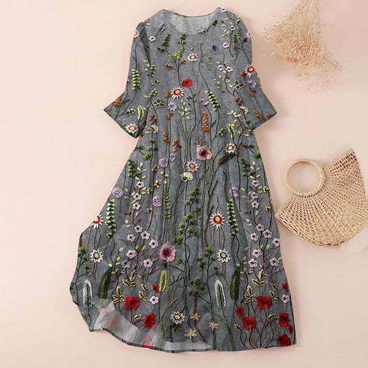 Women’s Knee-Length Dress – Relaxed Fit – Embroidered Floral – Cotton Blend – Vintage Style