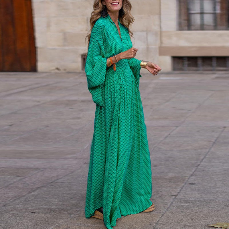 Women's Maxi Dress - V-Neck - Cinched Waist - Flowing Three-Quarter Sleeves - Checkered Pattern
