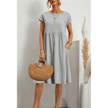 Women's Midi Dress - A-Line Silhouette - Short Sleeve - Crew Neck - Lightweight Fabric