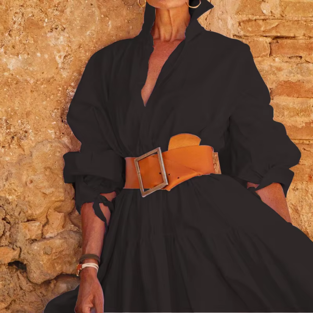Women’s Shirt Dress – Flared A-Line Fit – Belted Waist – Puff Sleeves – Cotton Blend