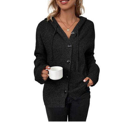 Women’s Knitted Cardigan – Wool Blend – Oversized Fit – Hooded – Button Front Ribbed Hem