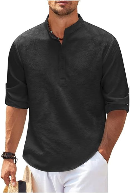 Men’s Casual Shirt – Relaxed Fit – Band Collar – Natural Fibers – Buttoned Cuffs