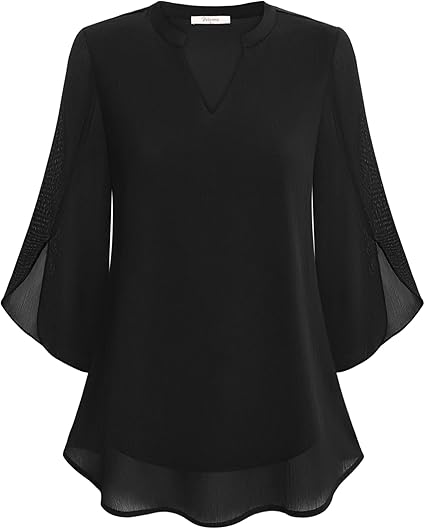 Women’s Blouse – Relaxed Flowing Fit – Chiffon Feel – 3/4 Bell Sleeve V-Neck