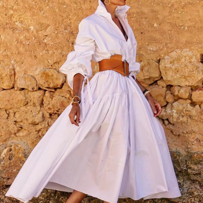 Women’s Shirt Dress – Flared A-Line Fit – Belted Waist – Puff Sleeves – Cotton Blend