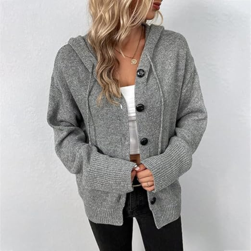 Women’s Knitted Cardigan – Wool Blend – Oversized Fit – Hooded – Button Front Ribbed Hem
